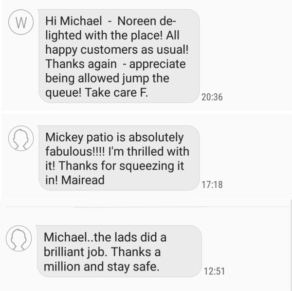 Screenshots of messages from satisfied customers of Pro Wash Roof Cleaning and Soft Washing, Cork, Ireland